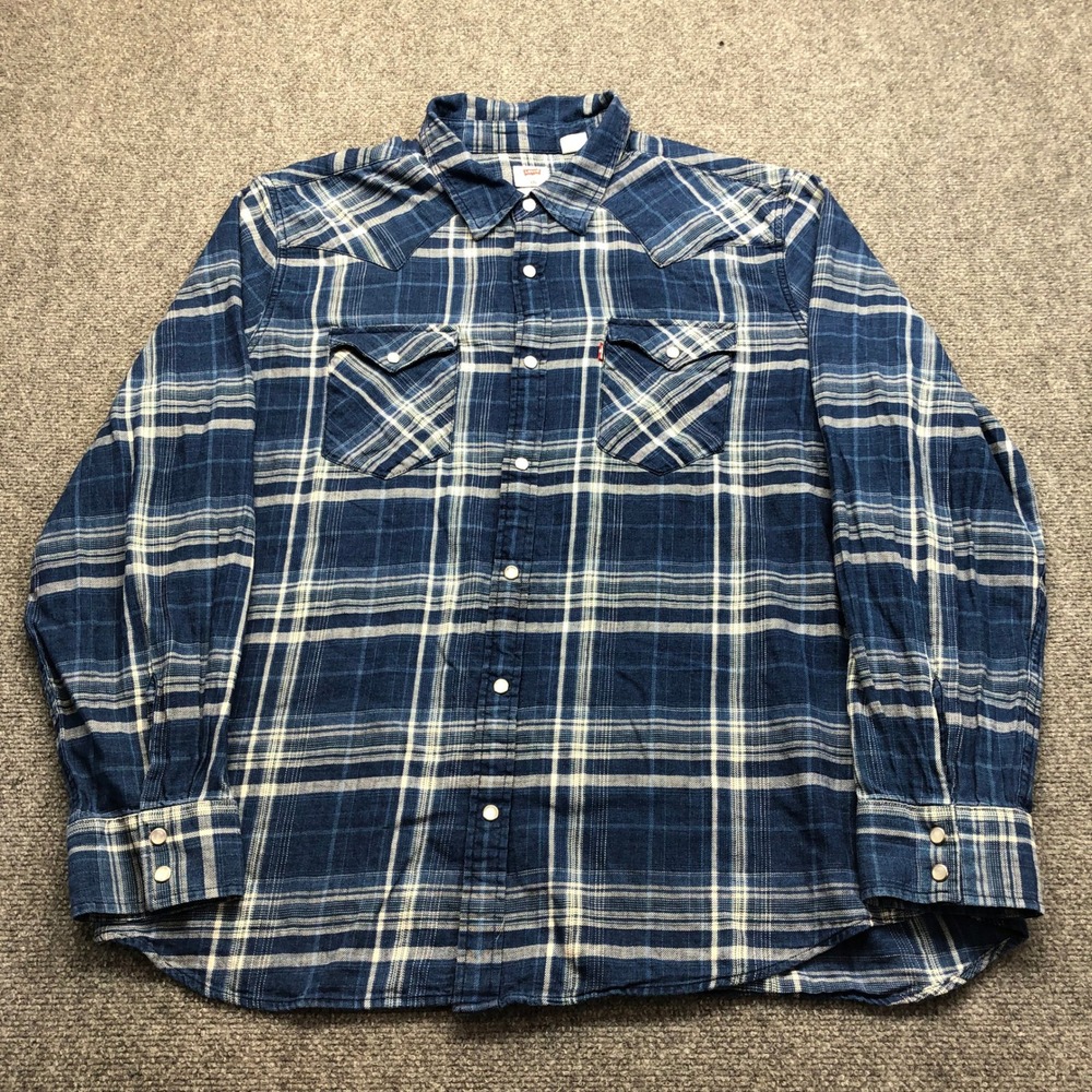 Levis Mens XXL Blue Plaid Western Snap Button Down Shirt Standard Fit